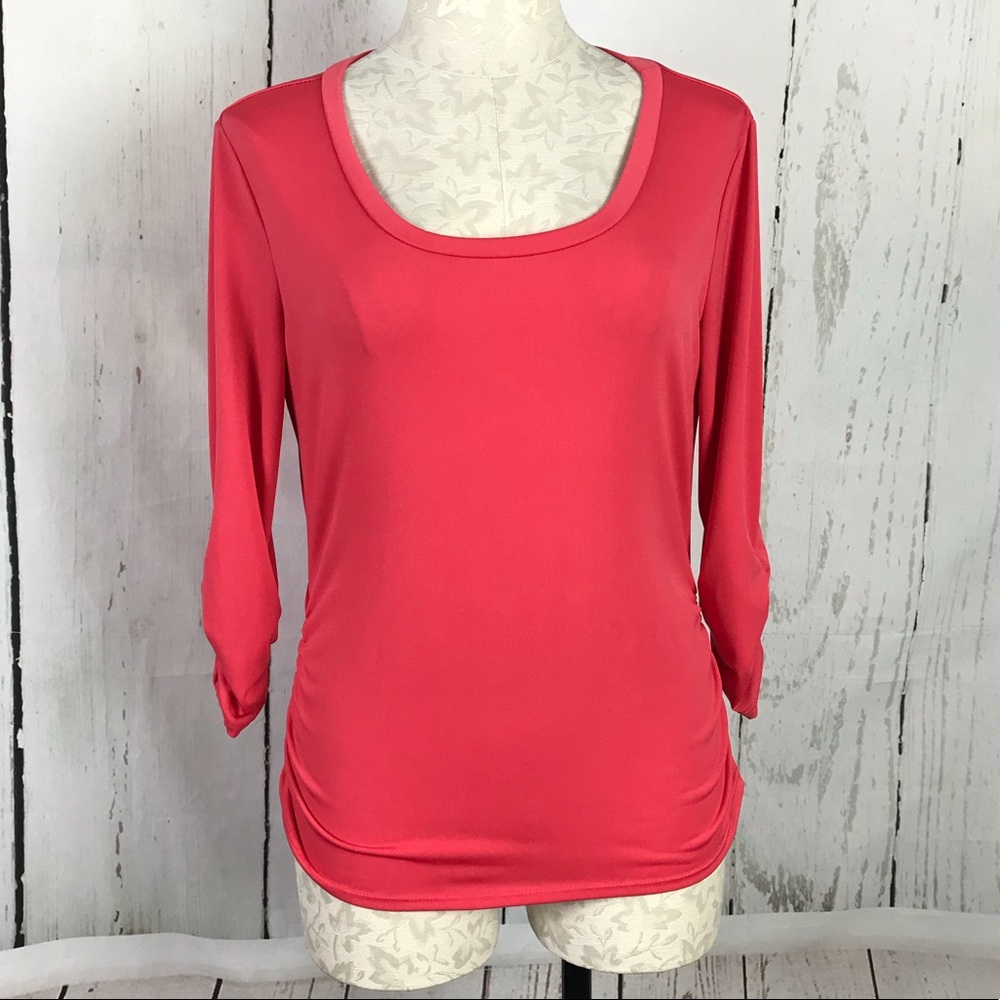 Baku Coral Ruched Scoop Neck Coral Top Women Sz M Petite